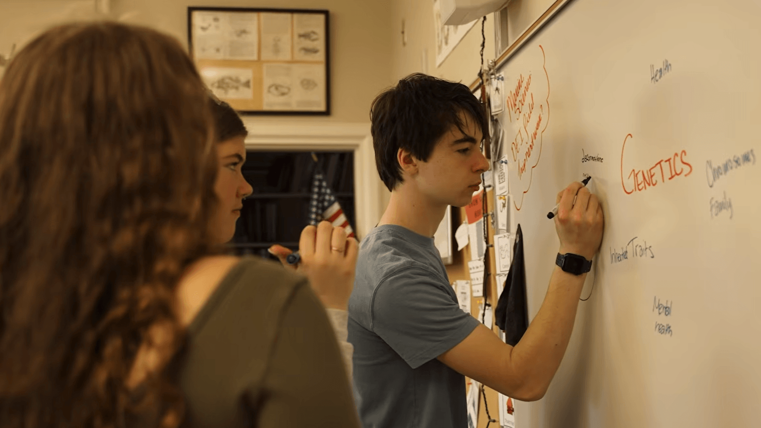 Students writing on a whiteboard in a classroom. The whiteboard contains notes on genetics, health, and inherited traits.