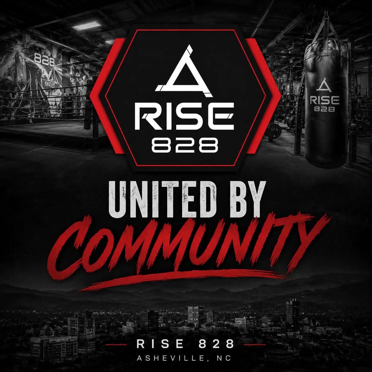 Gym logo for Rise 828 with a black background, white and red text, and an image of a boxing gym with punching bags, weights, and a cityscape of Asheville, North Carolina.