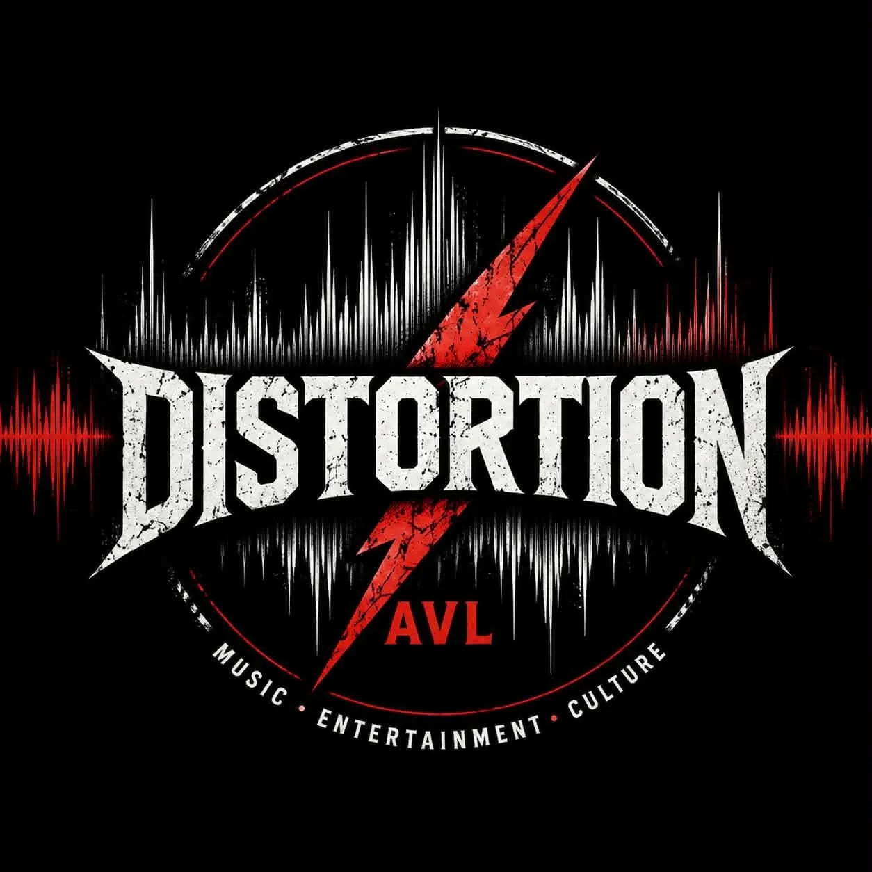 Logo for Disortion AVL featuring a lightning bolt, sound wave graphics, and text reading 'Disortion' and 'AVL', with words 'Music', 'Entertainment', and 'Culture' around the circle.