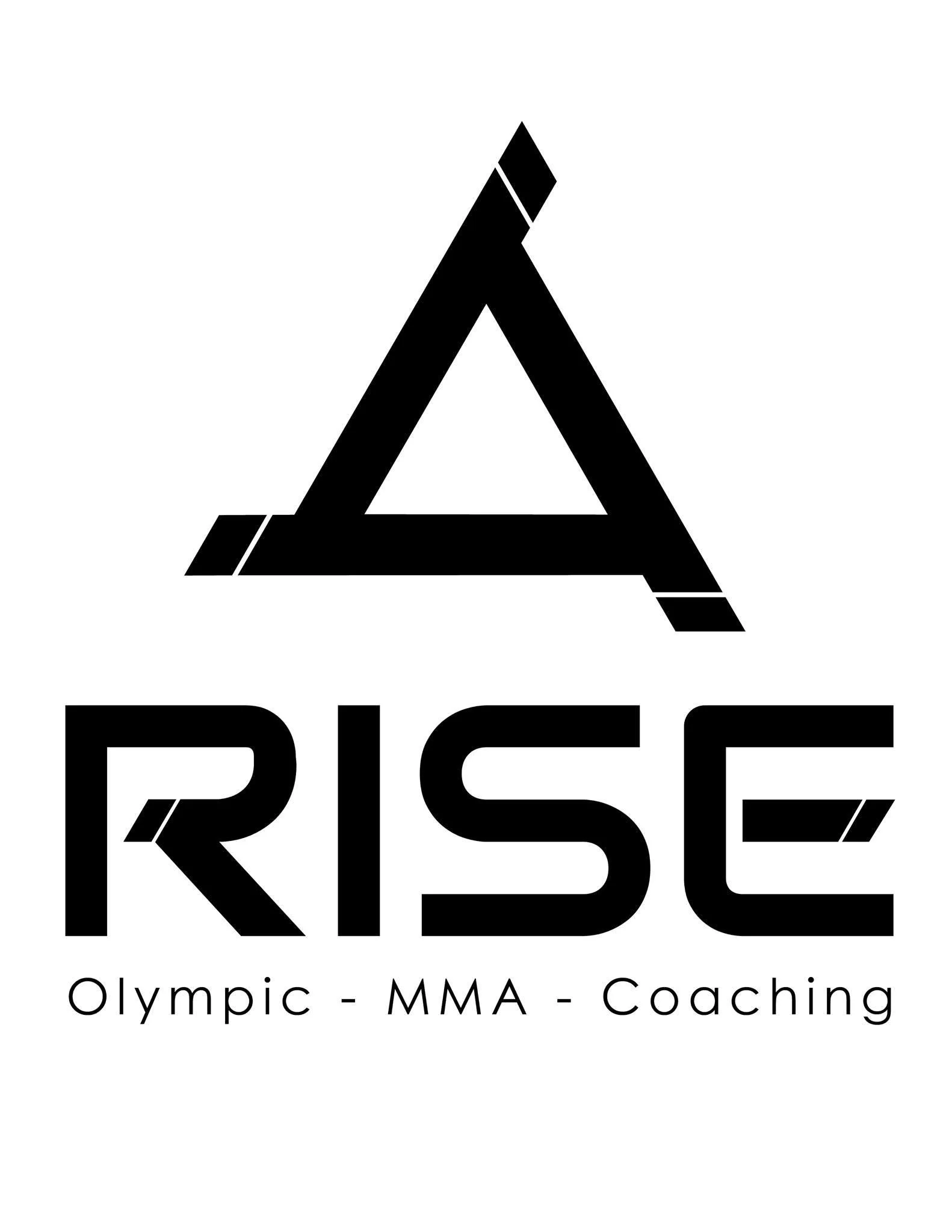 Black logo with a stylized triangular mountain shape at the top, and the text 'RISE' beneath it. Additional text reads 'Olympic - MMA - Coaching' at the bottom.