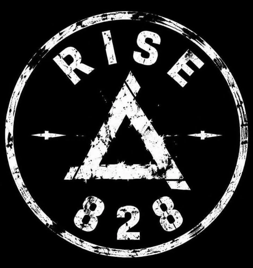 Black and white distressed circular logo with the word 'RISE' at the top, the numbers '828' at the bottom, and a small inverted triangle with a line through its center in the middle.