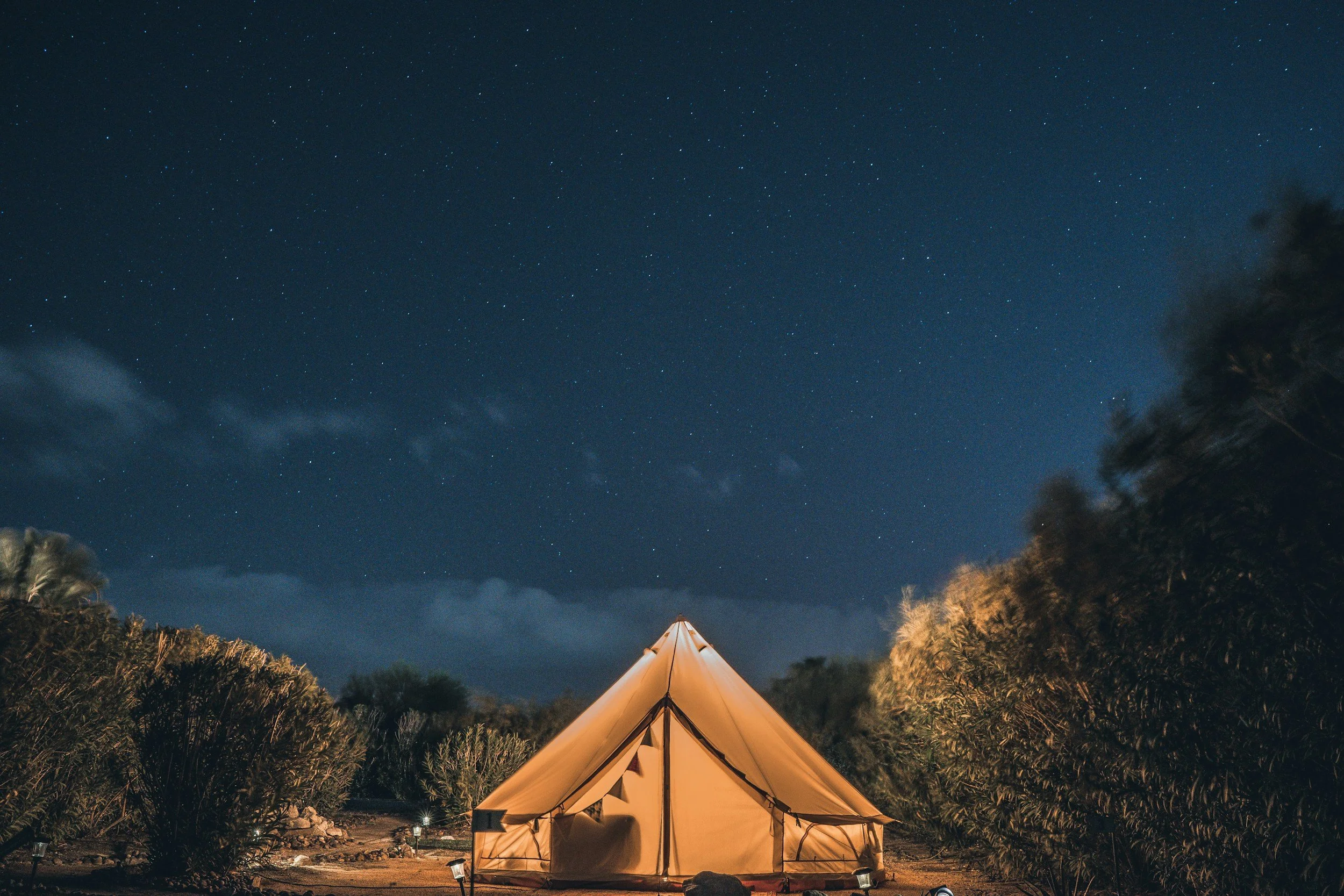 Night sky filled with stars above a camping scene featuring a beige teepee-style tent, surrounded by bushes and trees, under a dark blue sky with some clouds.