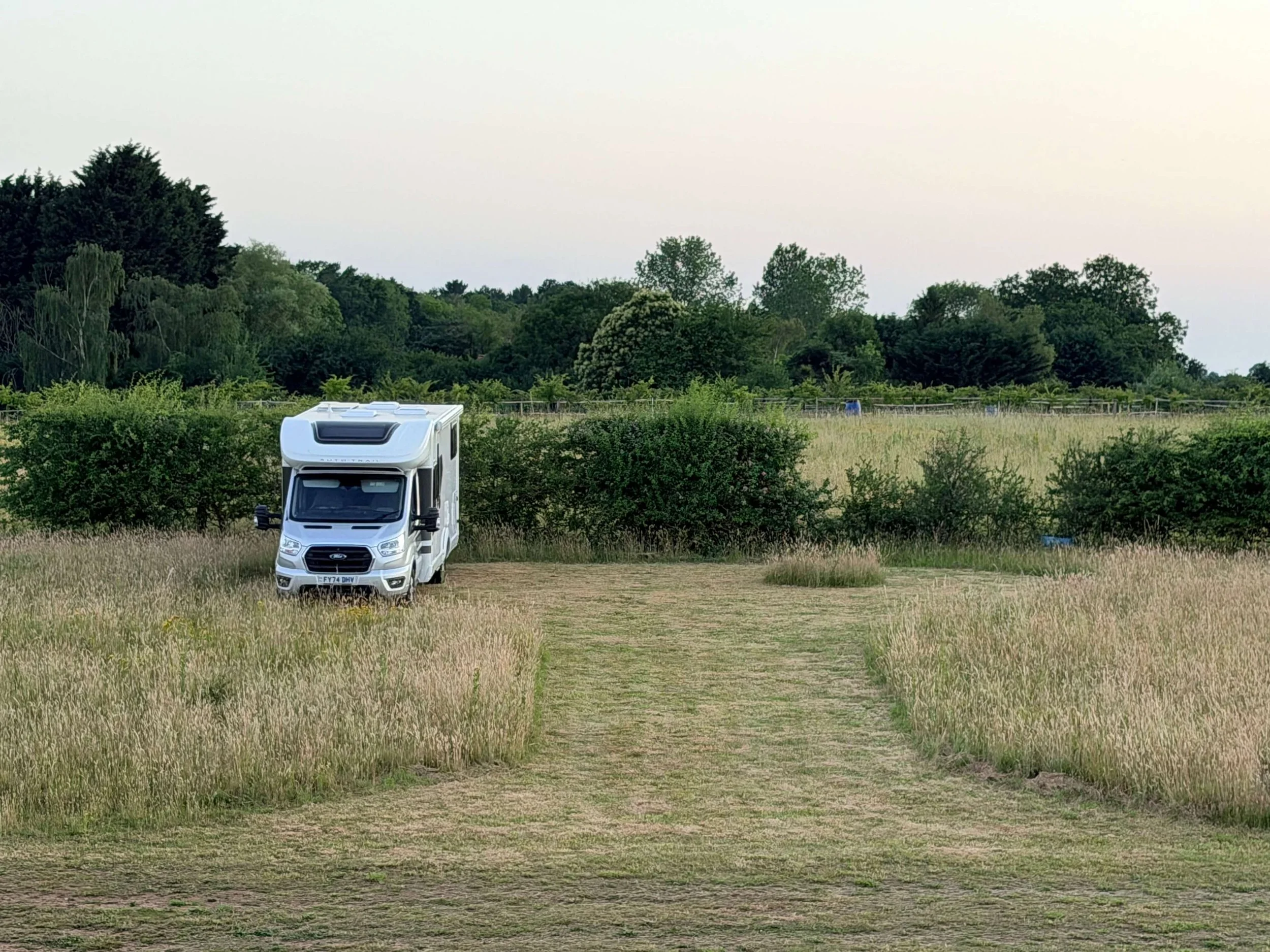 A white camper van parked on a grassy field with a dirt path. Behind it, trees and bushes under an overcast sky.