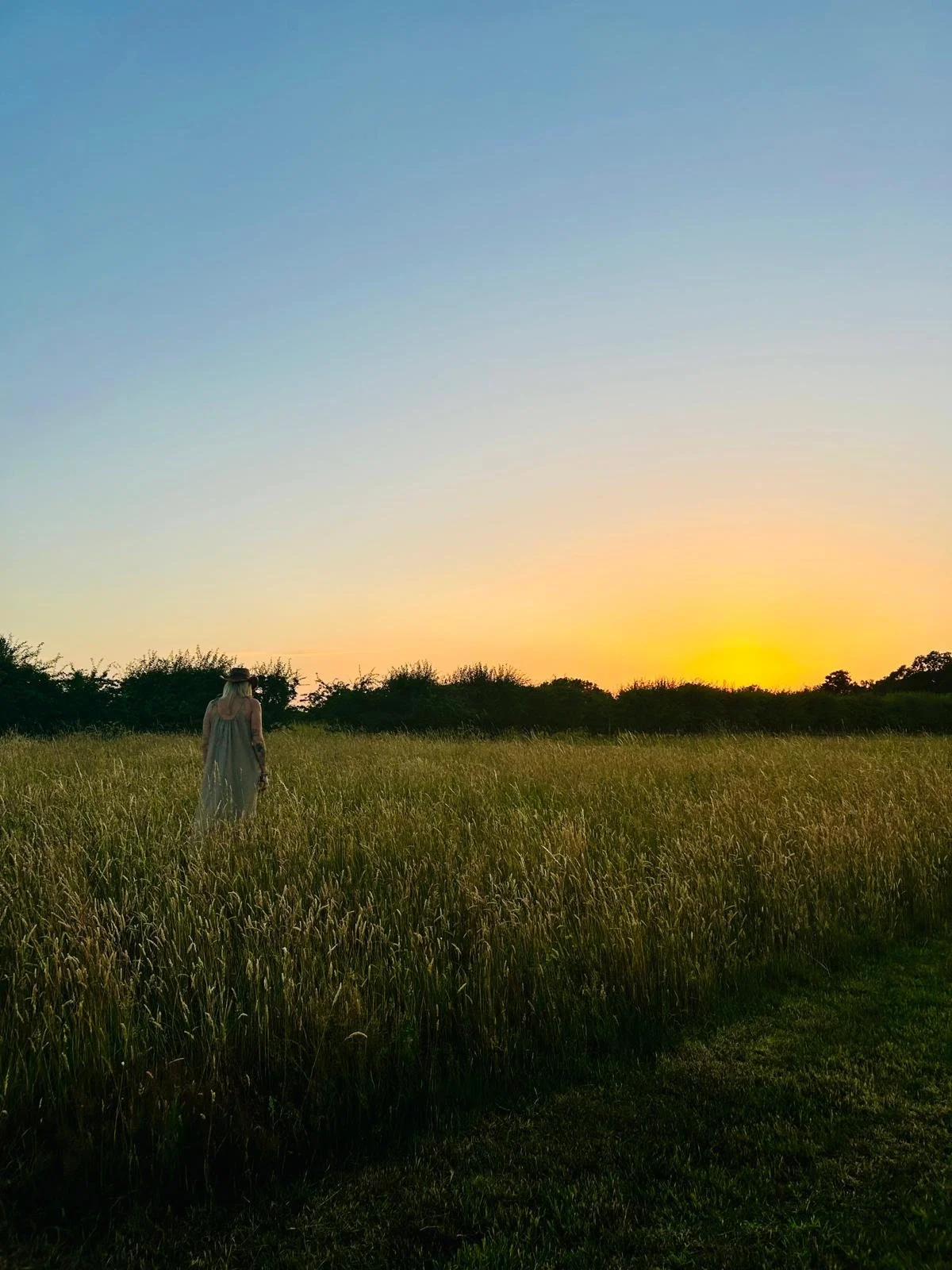A woman in a flowing dress and hat walking through a grassy field at sunset, with a clear sky and trees in the background.
