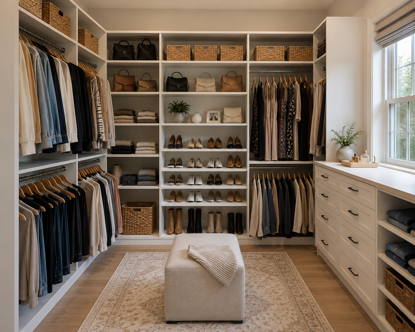 organized walk-in closet with clothing, shoes, handbags, and decorative items, illuminated by natural light from a large window.