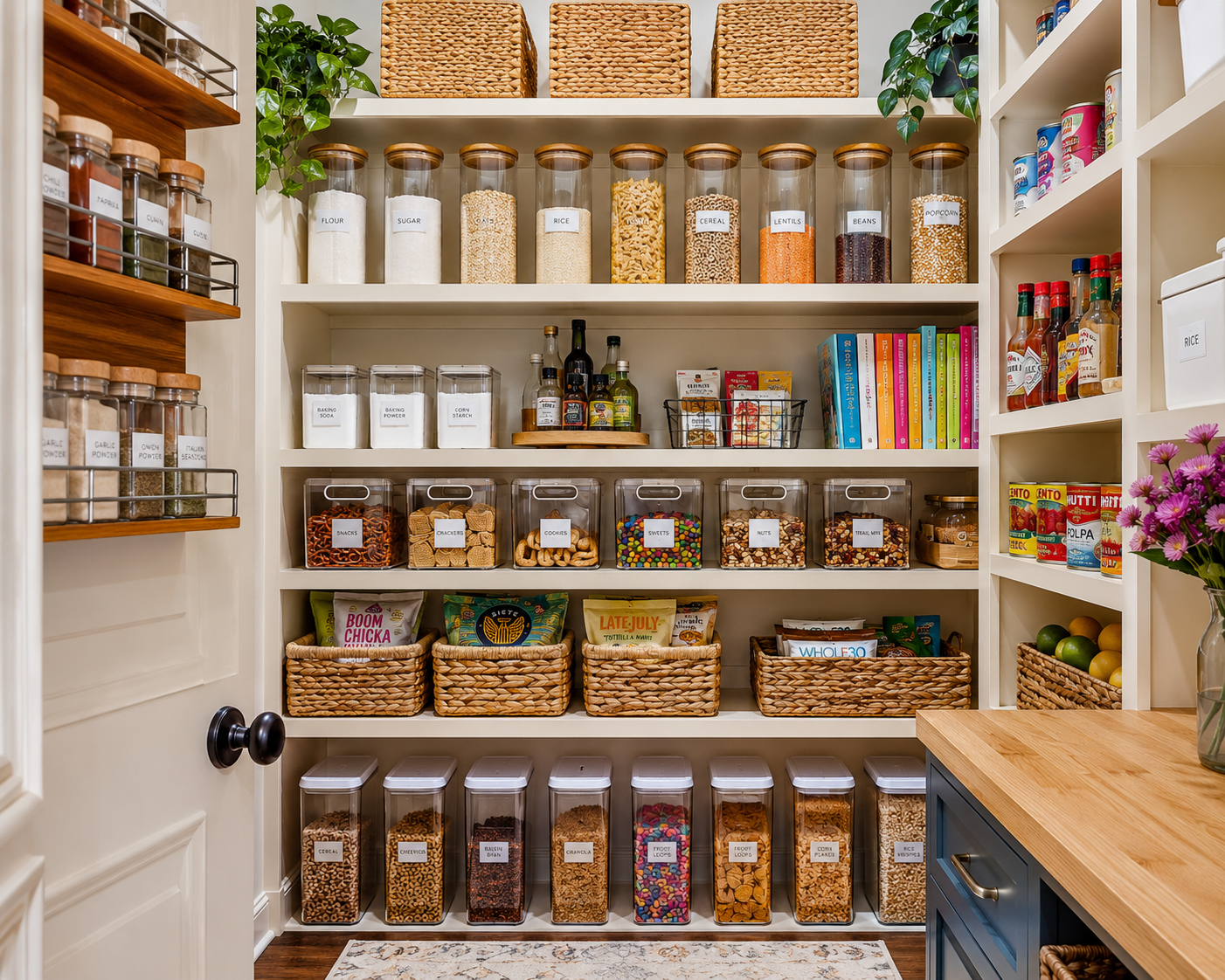 A well-organized pantry with containers labeled for flour, sugar, rice, cereal, lentils, beans, popcorn, baking soda, baking powder, corn starch, snacks, cookies, sweets, nuts, trail mix, and grains, along with baskets filled with chips, cookies, and breakfast bars, and shelves containing spices, condiments, books, canned goods, and fresh fruits and vegetables.