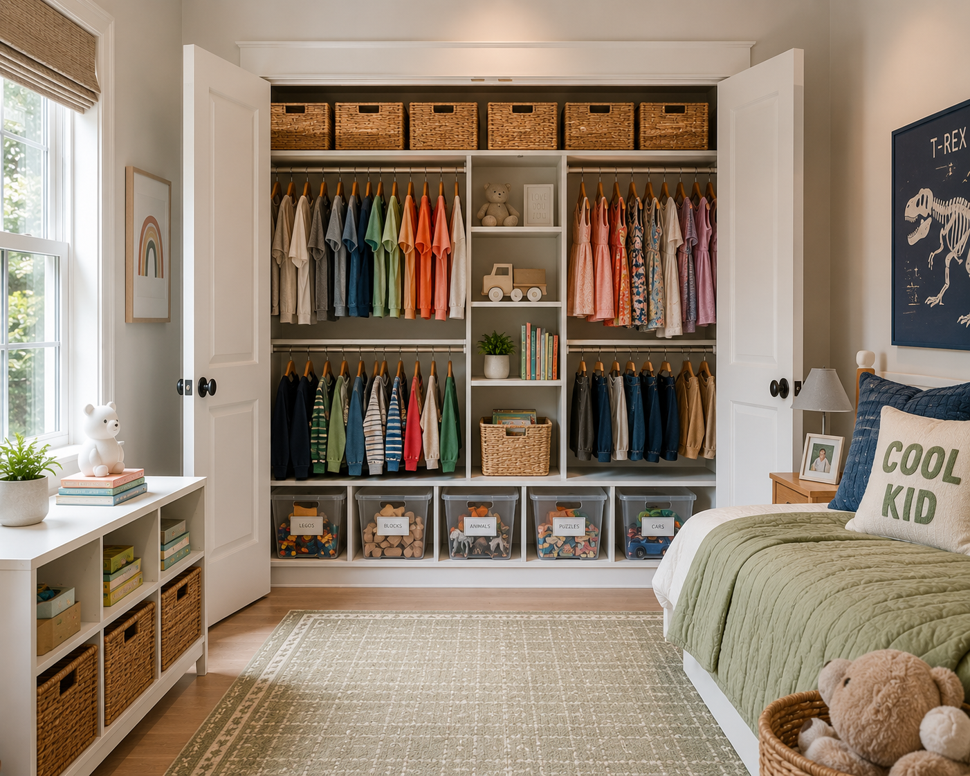 Organized children's closet with hanging clothes, storage bins, and toys in a child's bedroom.