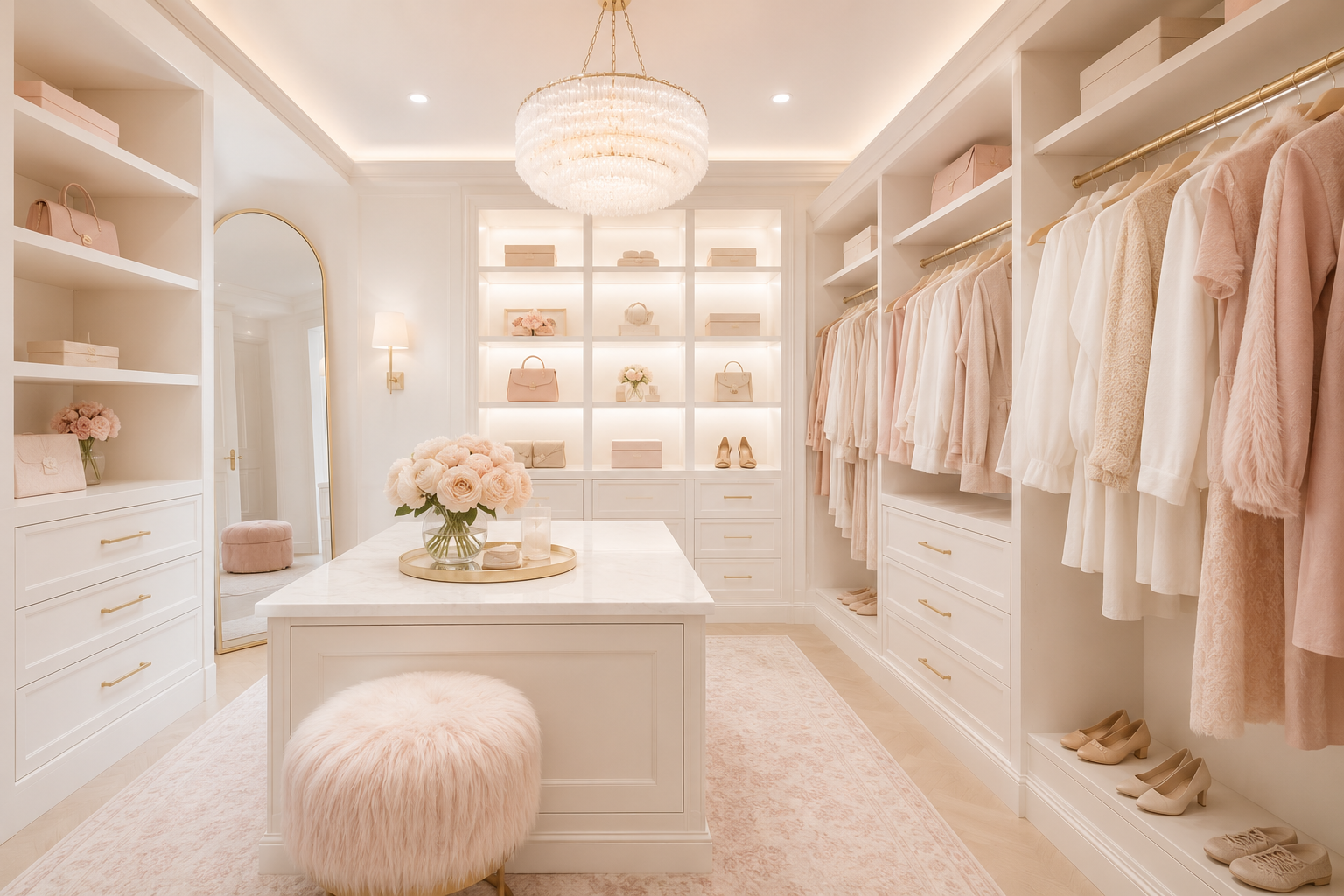 Elegant walk-in closet with white shelves and drawers, pink and cream clothing, and accessories. Decor includes a chandelier, a vase of pink roses on a white marble island, and a pink fur stool. The room has soft lighting and a blush rug.