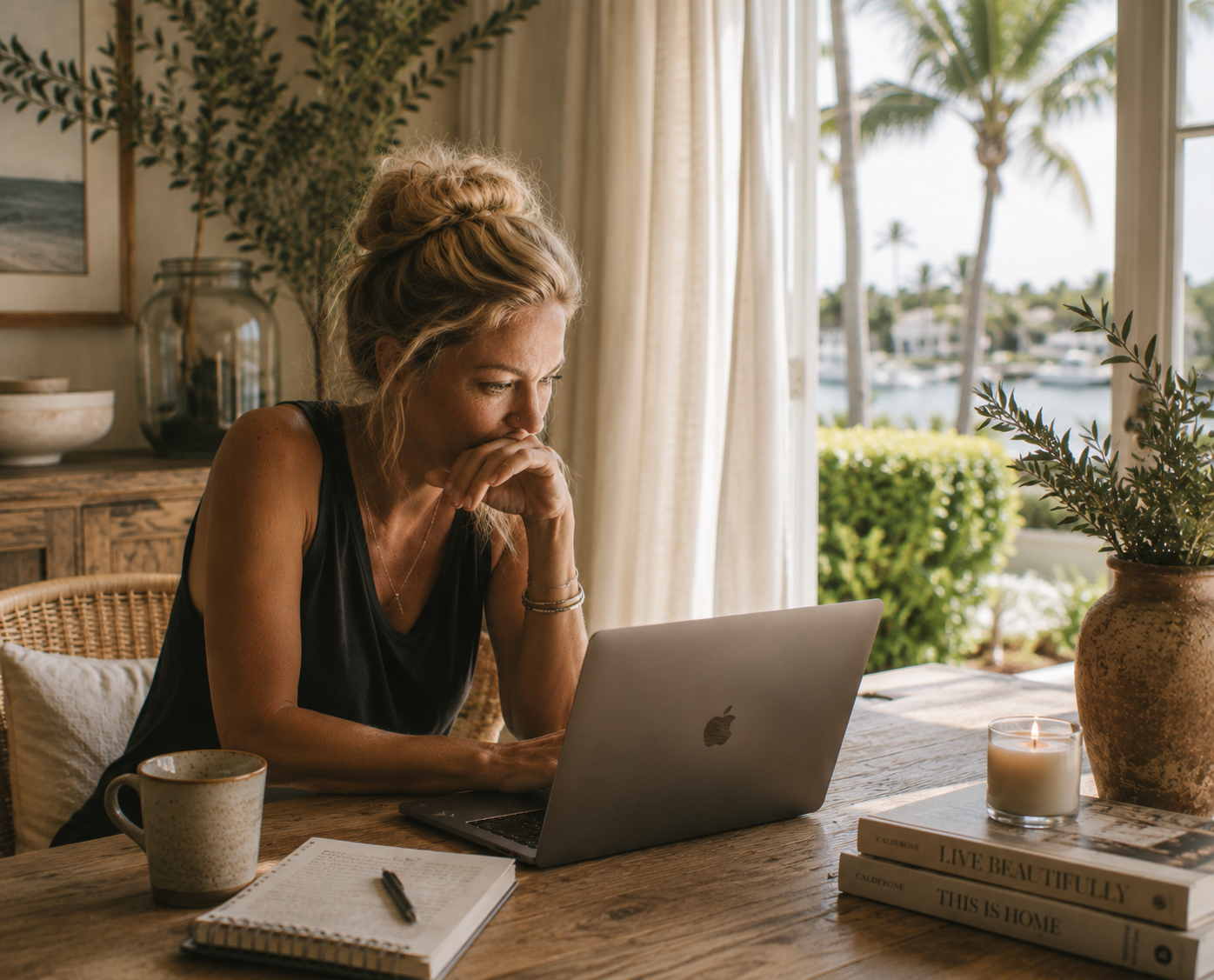 A woman with blonde hair in a bun sitting at a wooden table, working on a laptop with a view of palm trees and a marina through large windows.