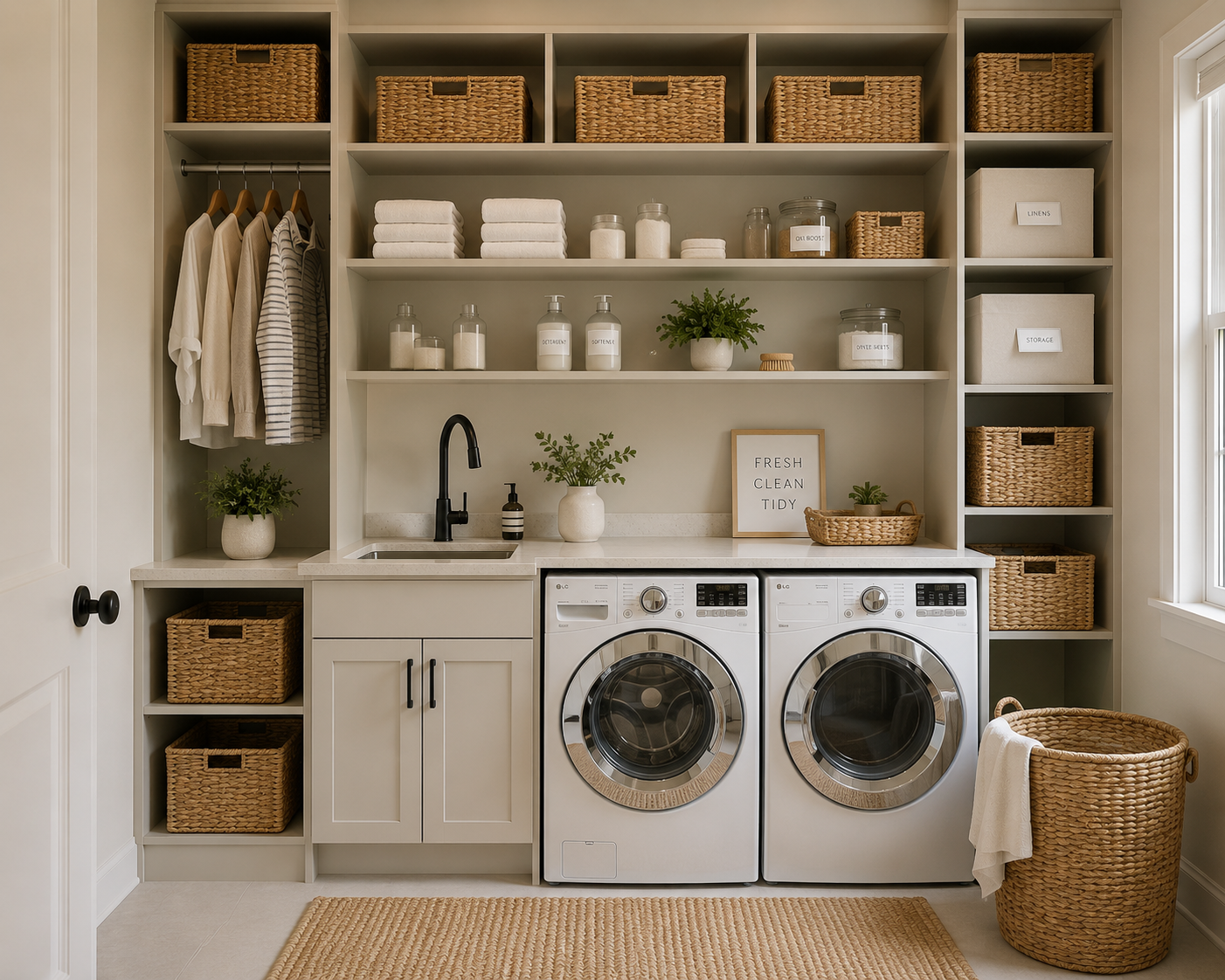 Laundry room with front-loading washer and dryer, open shelving with baskets, towels, jars, decorative plants, and a framed sign reading 'Fresh Clean Tidy', beige cabinets, black faucet, wicker baskets, and natural decor.