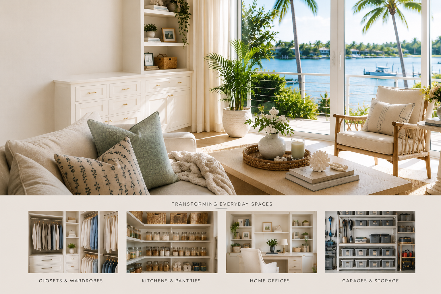 Bright living room with beige sofa and chair, decorated with pillows, a wooden coffee table with plants and decor, large glass sliding doors opening to a balcony with water and palm trees outside.