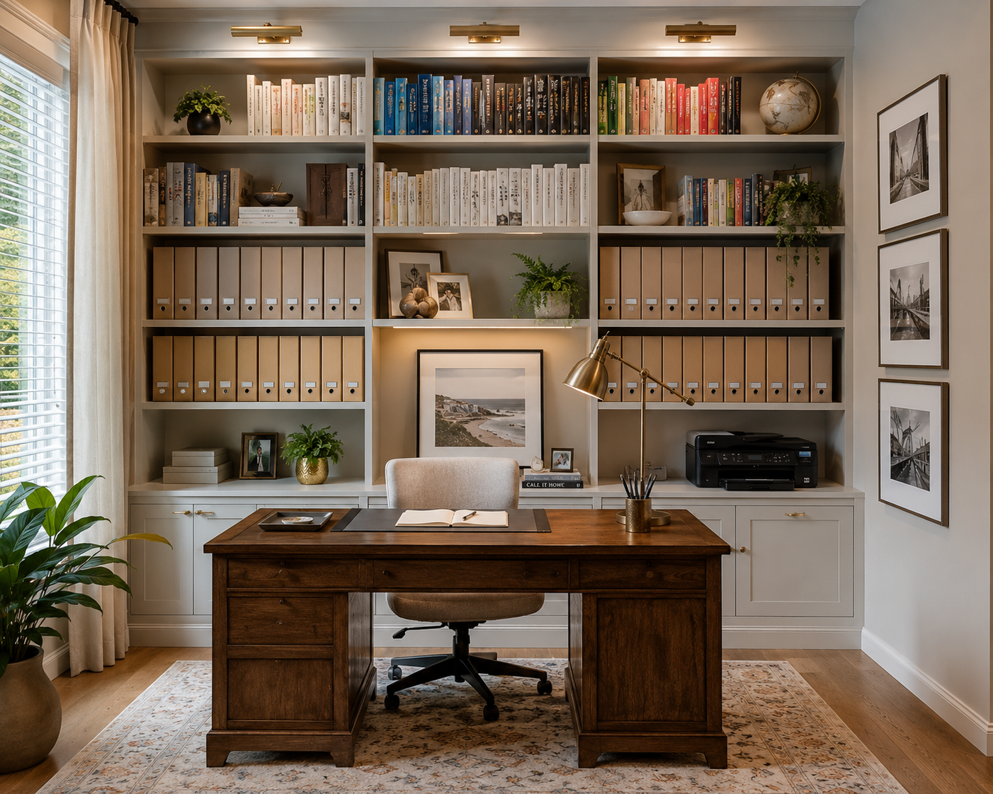 Home office with a wooden desk, beige chair, bookshelf filled with books and folders, framed artwork, potted plants, a printer, and a gold desk lamp.