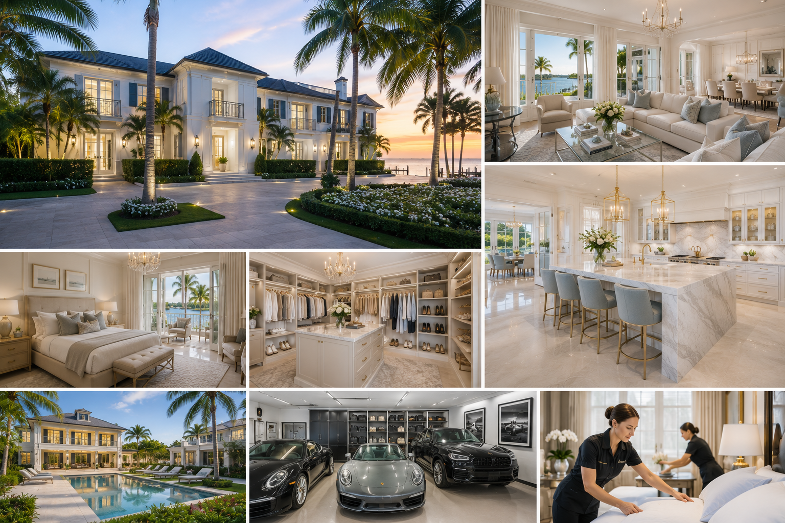 Multiple views of a luxurious mansion estate including an exterior with a landscaped driveway and palm trees, interior living room and kitchen with elegant decor and waterfront views, a bedroom with a terrace, a walk-in closet, a swimming pool area, a garage with luxury cars, and housekeepers preparing a bed.