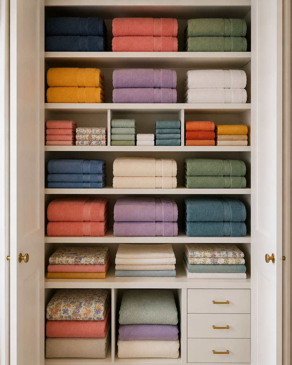 A closet cabinet filled with neatly folded towels in various colors, including navy, pink, green, yellow, purple, white, blue, peach, and beige.