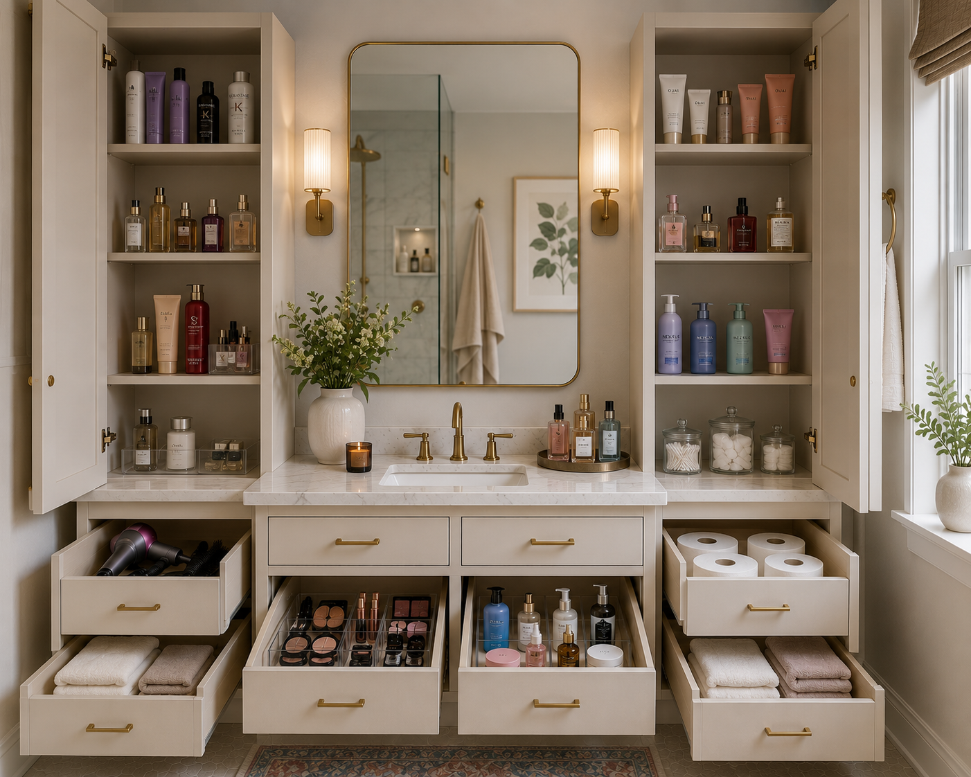 A well-organized bathroom vanity with open shelves on either side of a large mirror, filled with skincare, haircare, and cosmetic products, with drawers containing towels and beauty tools, and decorated with a vase of greenery and a small candle.