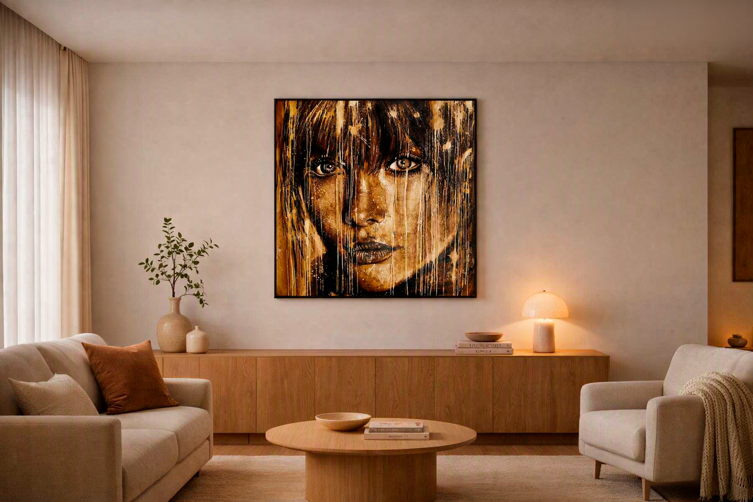Interieur van een woonkamer met moderne houten meubels, een abstract portret van een vrouw aan de muur, en sfeervolle verlichting.