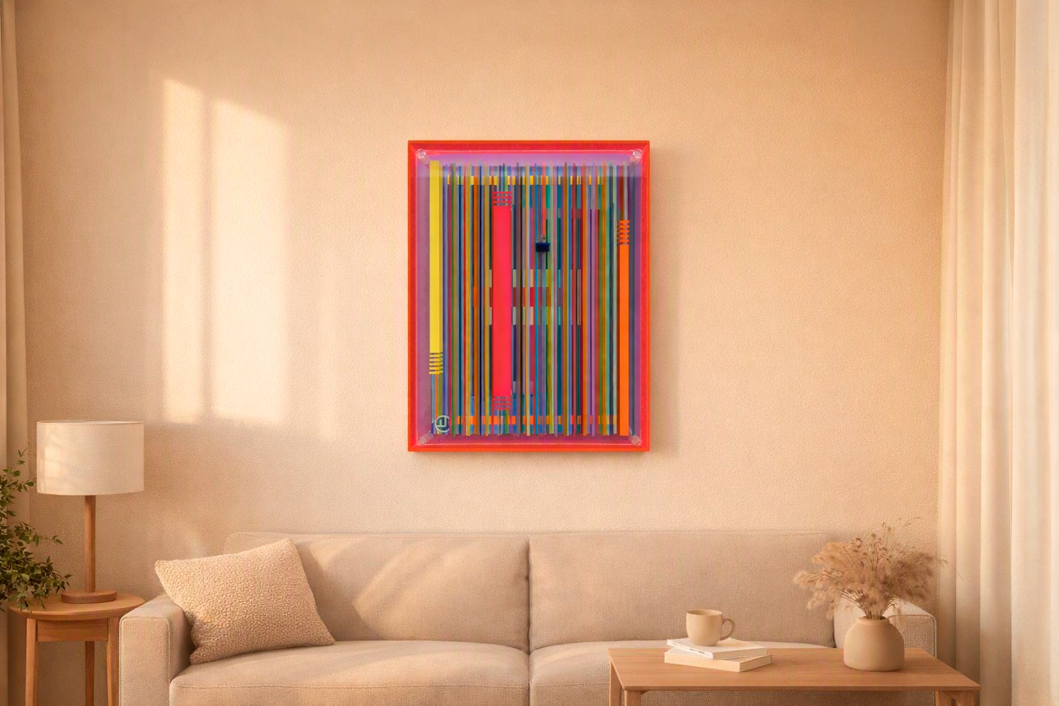 Een woonkamer met een beige bank, een tafel met een witte beker en boeken, en een kleurrijk abstract kunstwerk aan de muur.