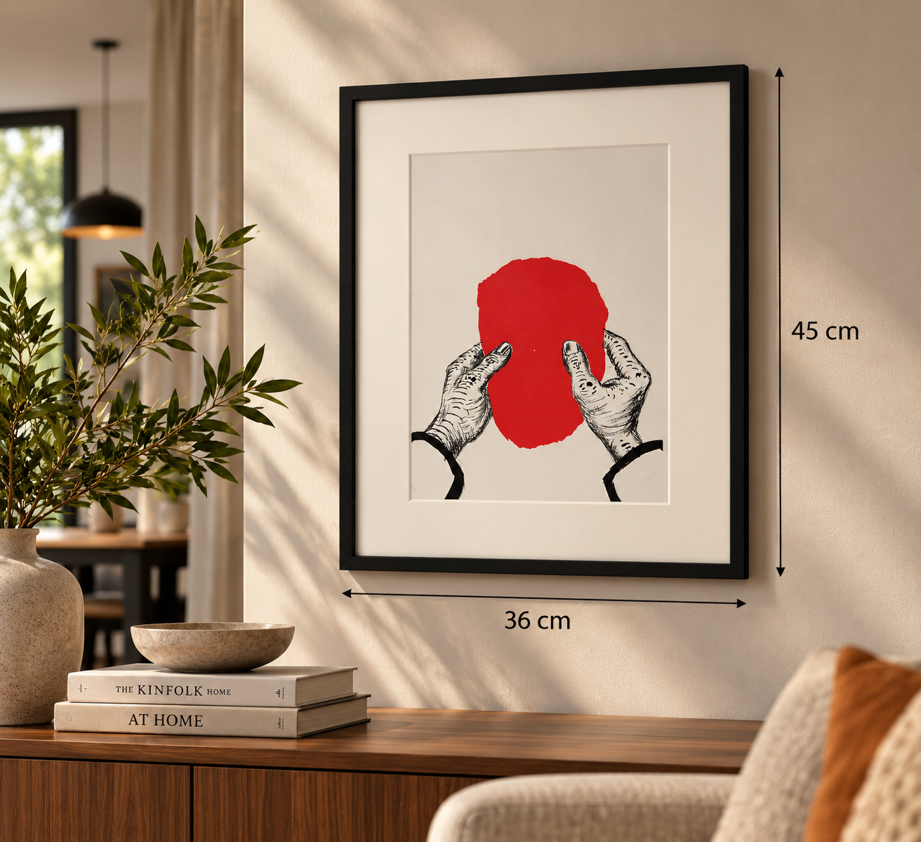 Stijlvolle woonkamer met kunstprint en afmetingen.png