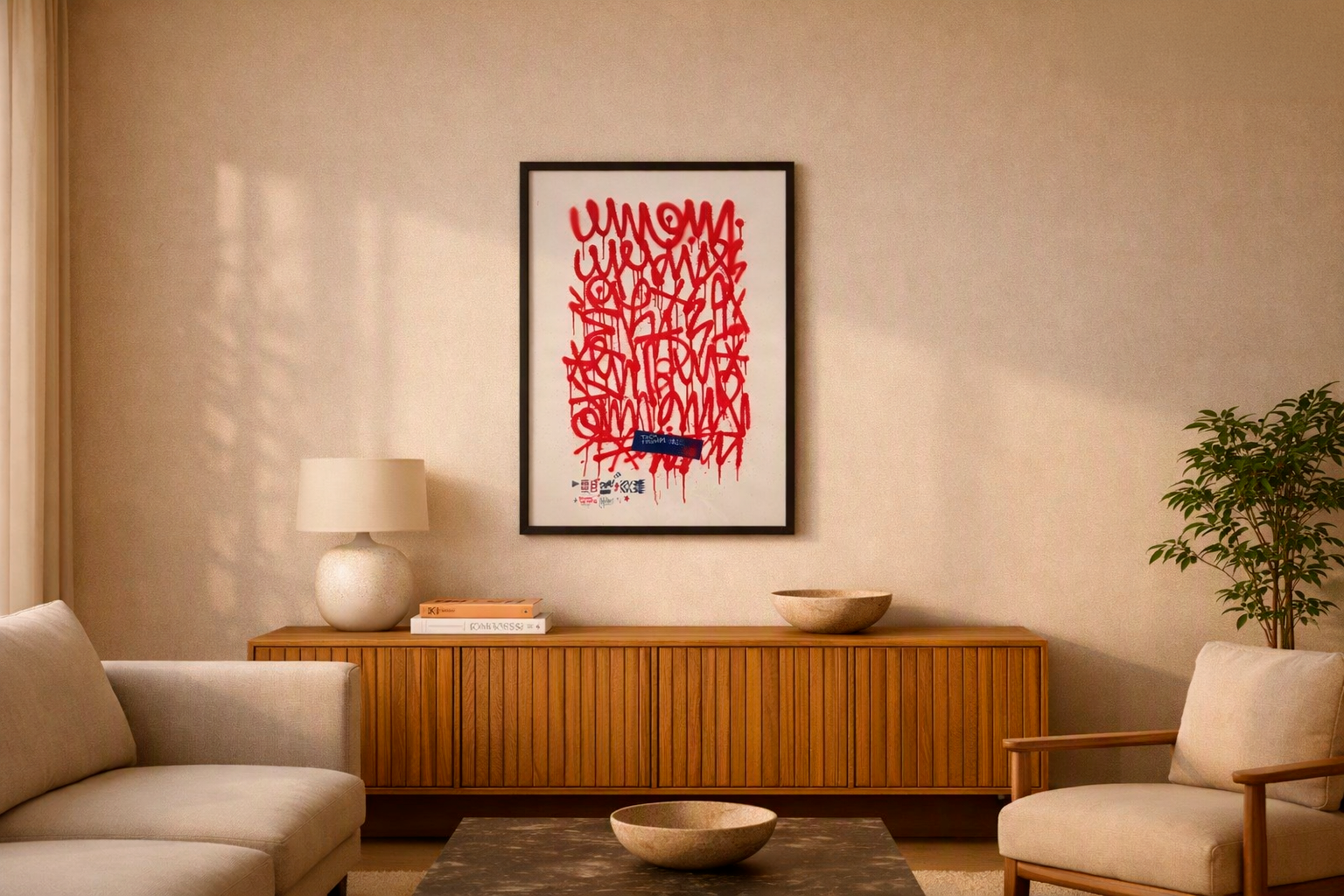 Woonkamer met beige banken, een houten dressoir, een tafeltje en een wandtoneel met graffiti-achtige kunst in rood en blauw.