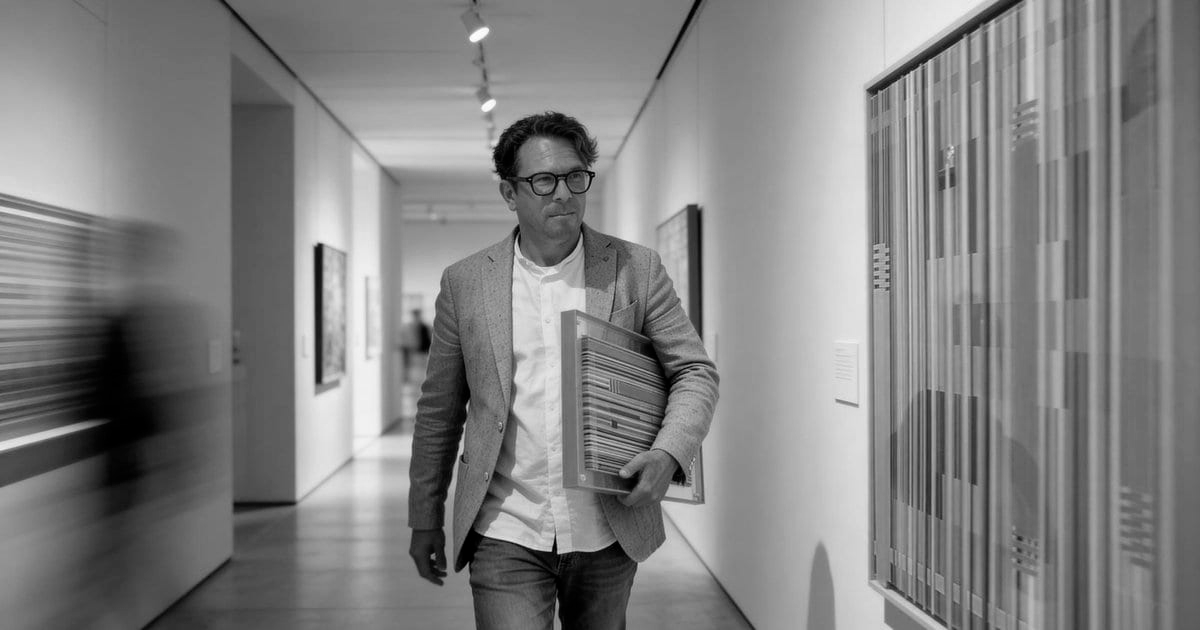 Man met schoenen, bril en een blazer loopt door een gallery met kunstwerken aan de muur en draagt een map