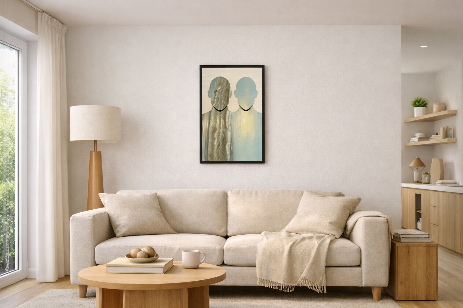 Woonkamer met witte bank, salontafel met boeken en decoratie, houten vloer, grote raam met witte gordijnen, vrijstaand lamp, muurkunstwerk met twee koppen, open boekenplank en kast in de hoek.