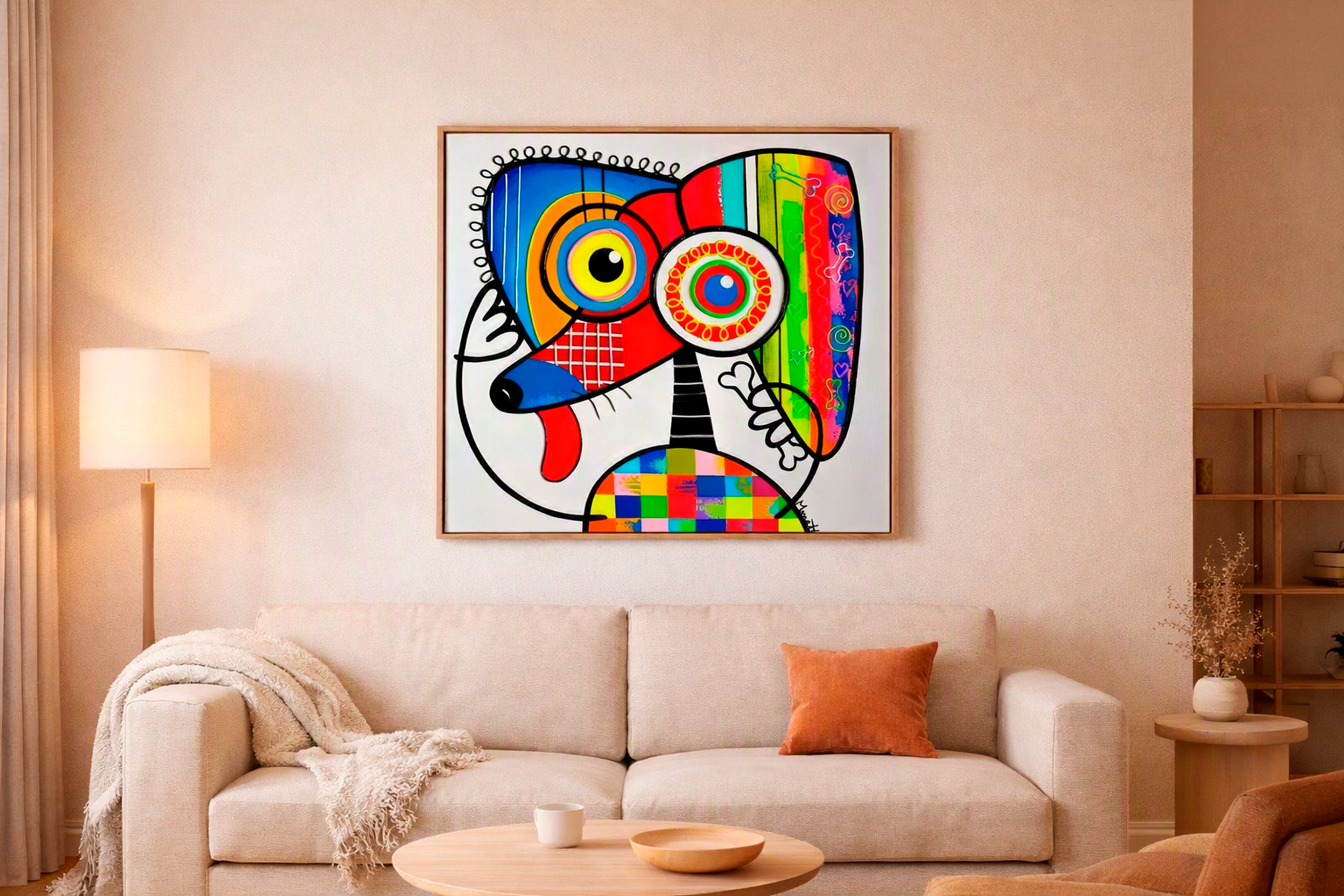 Moderne woonkamer met een abstract schilderij van een kleurrijke hond boven een lichte bank.