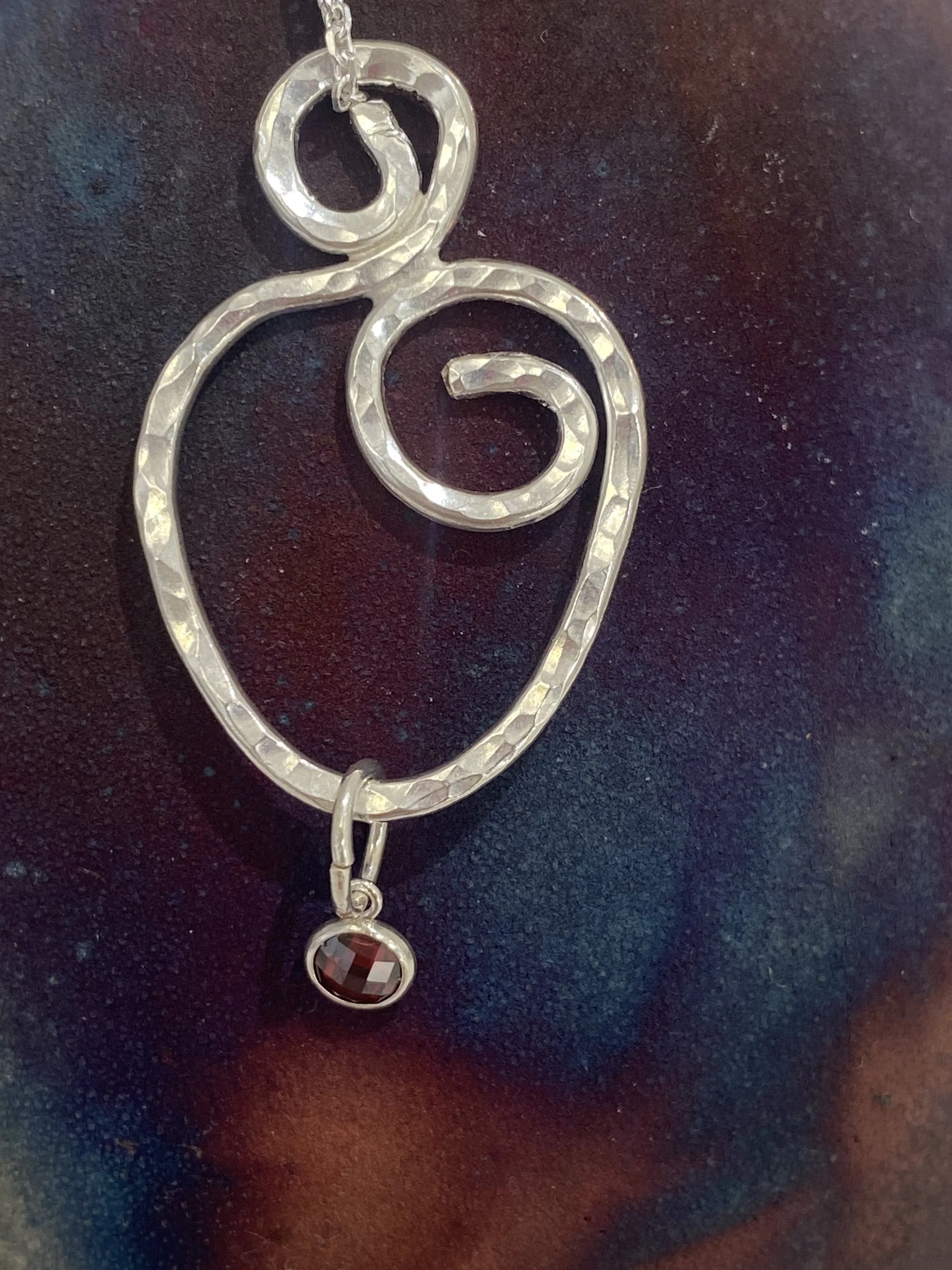 Small Hammered Heart pendant with  Garnet Charm