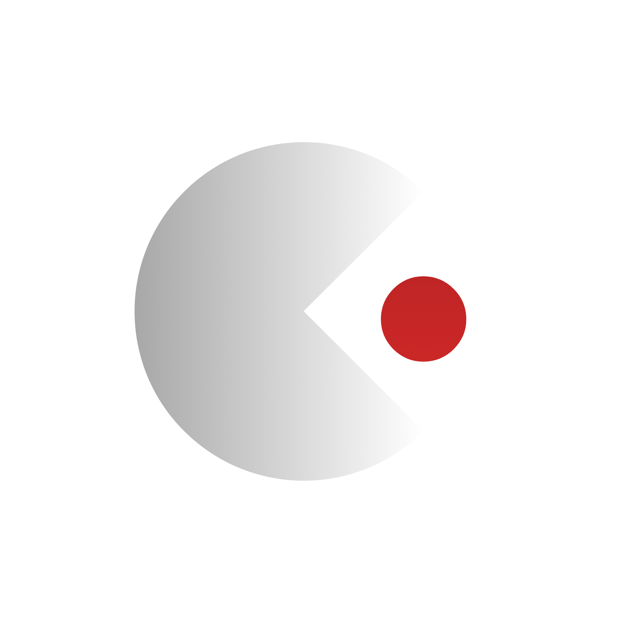 Abstract graphic with a black background, white, gray, and red curved lines forming a stylized arrow or speedometer shape.