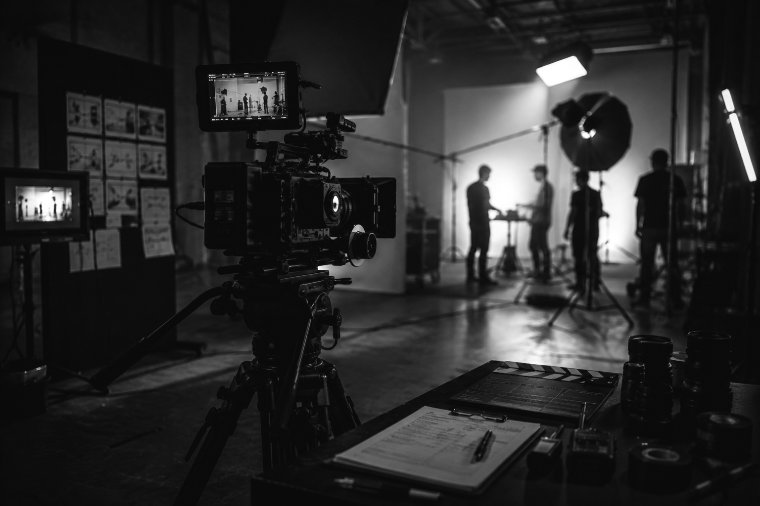 Black and white photo of a film or video production studio with a camera and crew setting up in front of a lit backdrop.