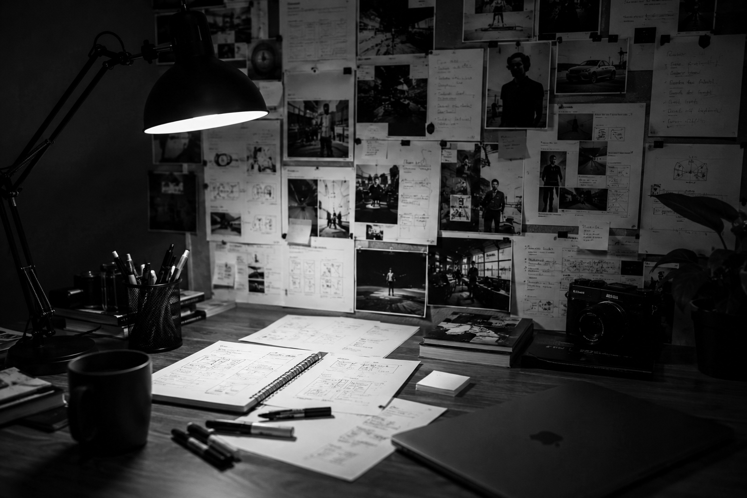 A cluttered desk with papers, pens, and a laptop in front of a wall covered with photographs and sketches, lit by a desk lamp.