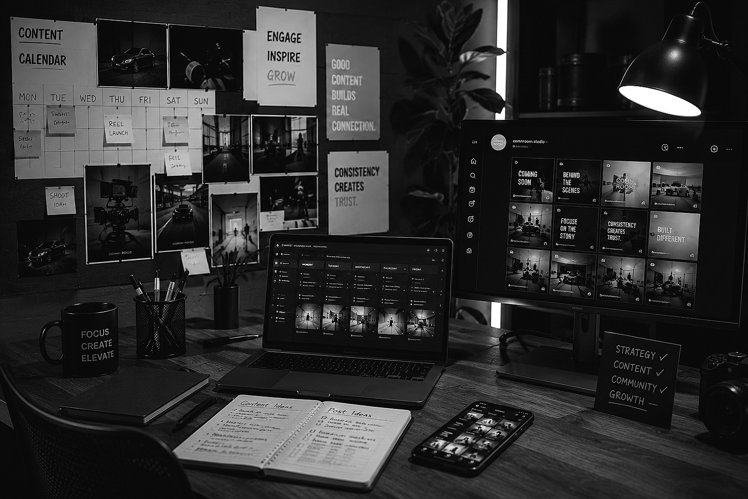 A workspace with a computer monitor, a laptop, and a smartphone on a wooden desk. The computer screen displays a grid of images with motivational text. The wall behind has a calendar and various printed photos and quotes, along with some notes. There's a black mug with the words "Focus Create Elevate," a pen holder with pens, and some plants. The environment appears to be a creative or planning space, illuminated by a desk lamp.
