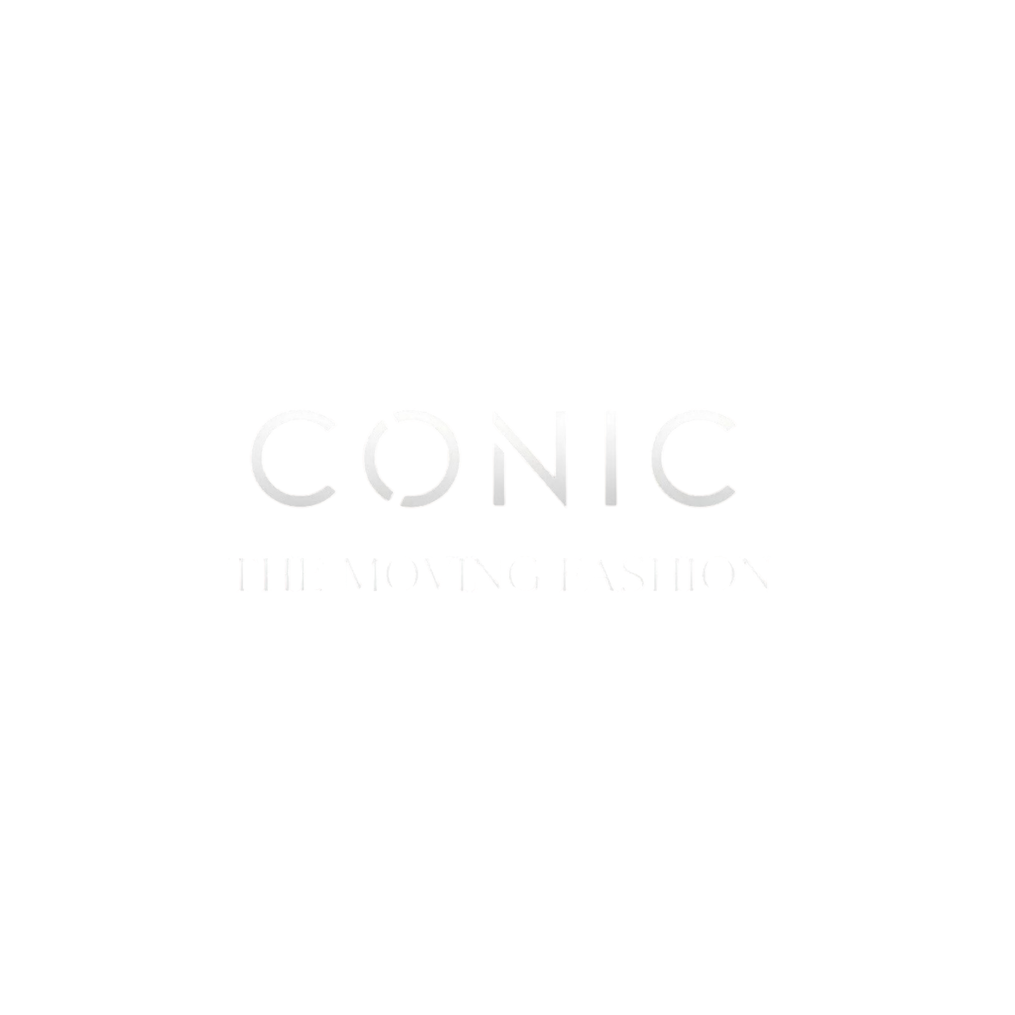 Black T-shirt with white logo reading "CONIC" and gray text "The Moving Fashion" underneath.