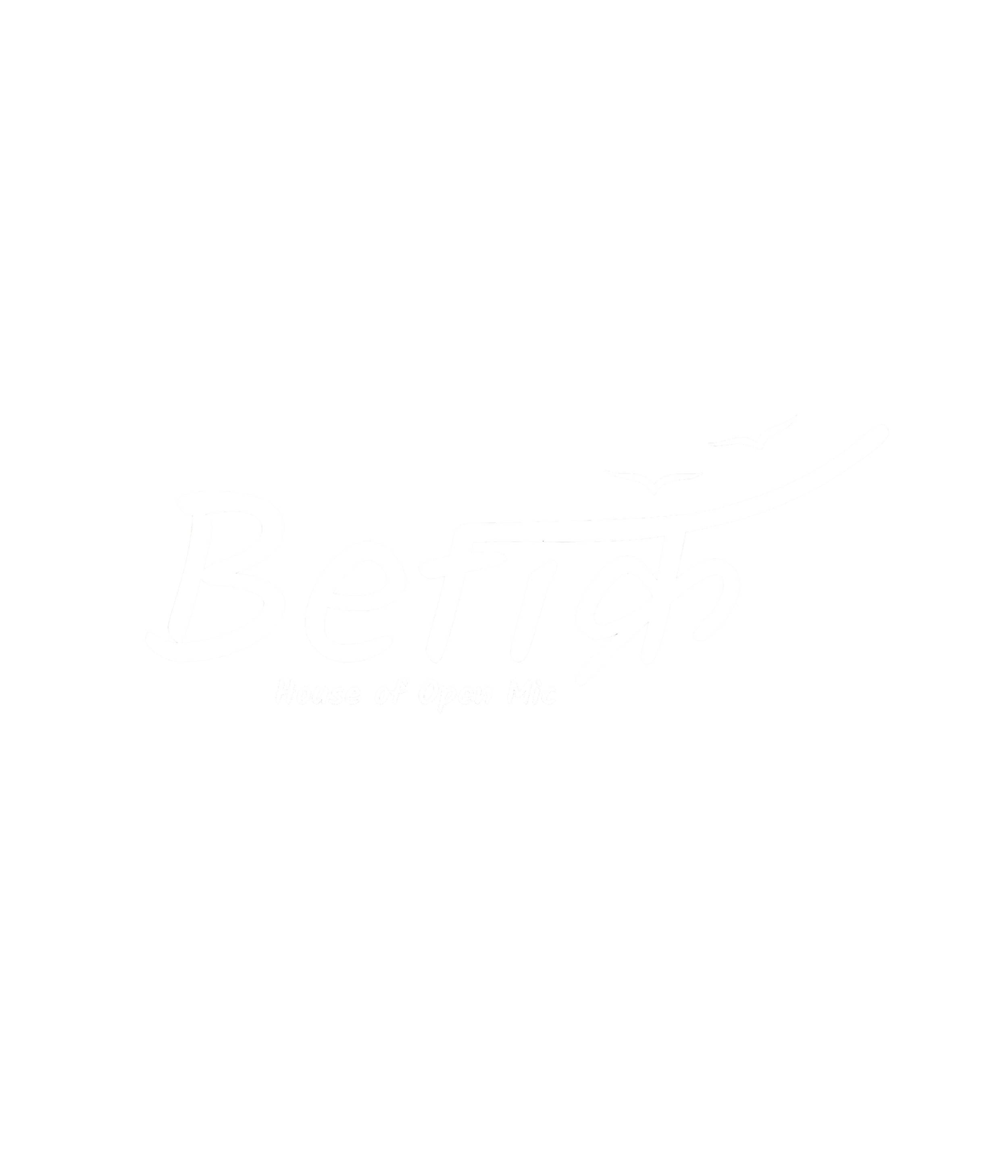 Black background with the word 'BETCH' in stylized white lettering, three stylized birds flying above, and smaller text below that reads 'House of Open Mic'.