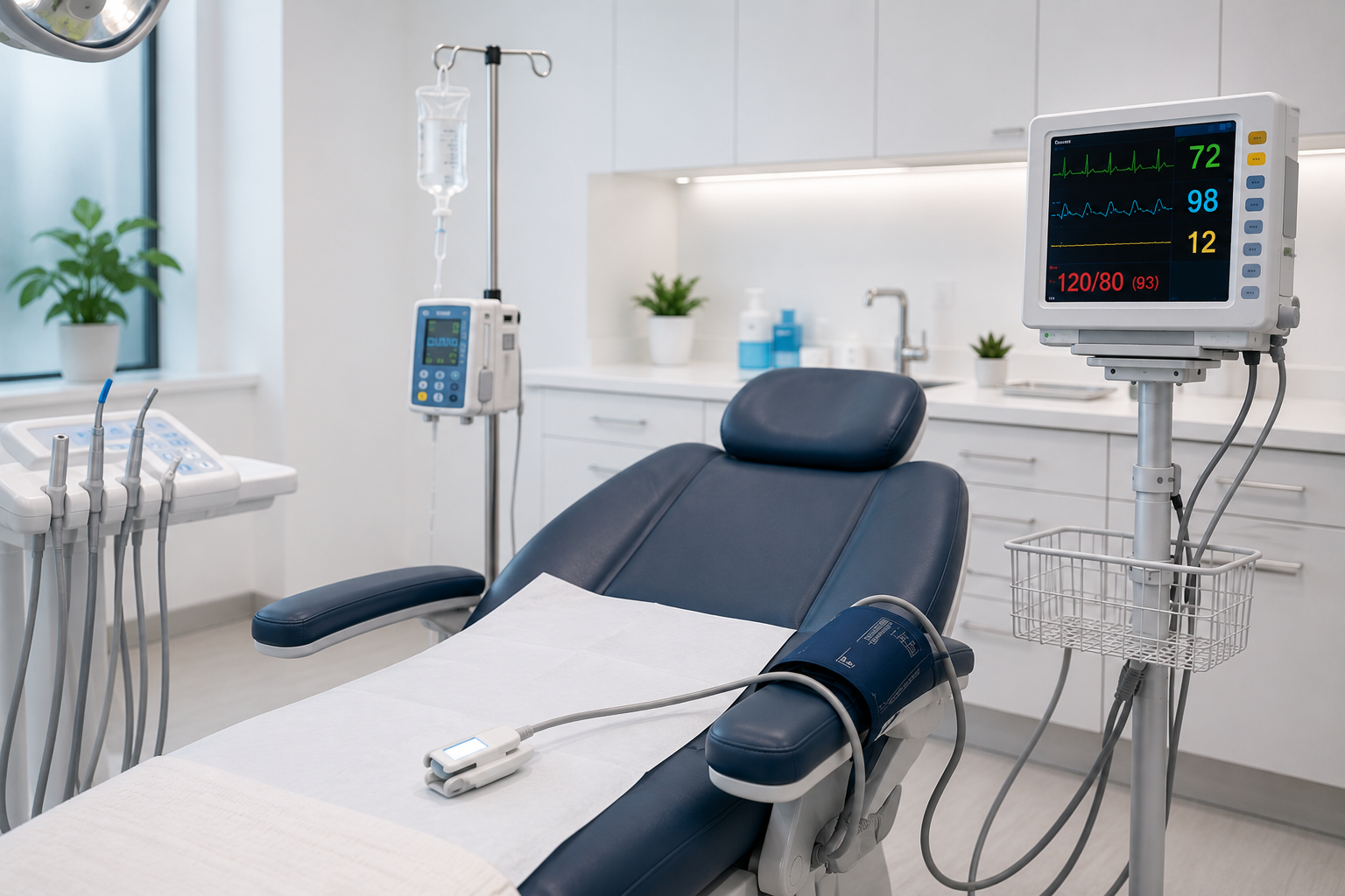 An empty medical examination room with a blue reclining chair, monitoring equipment, and medical devices, including a blood pressure cuff and a heart rate monitor.