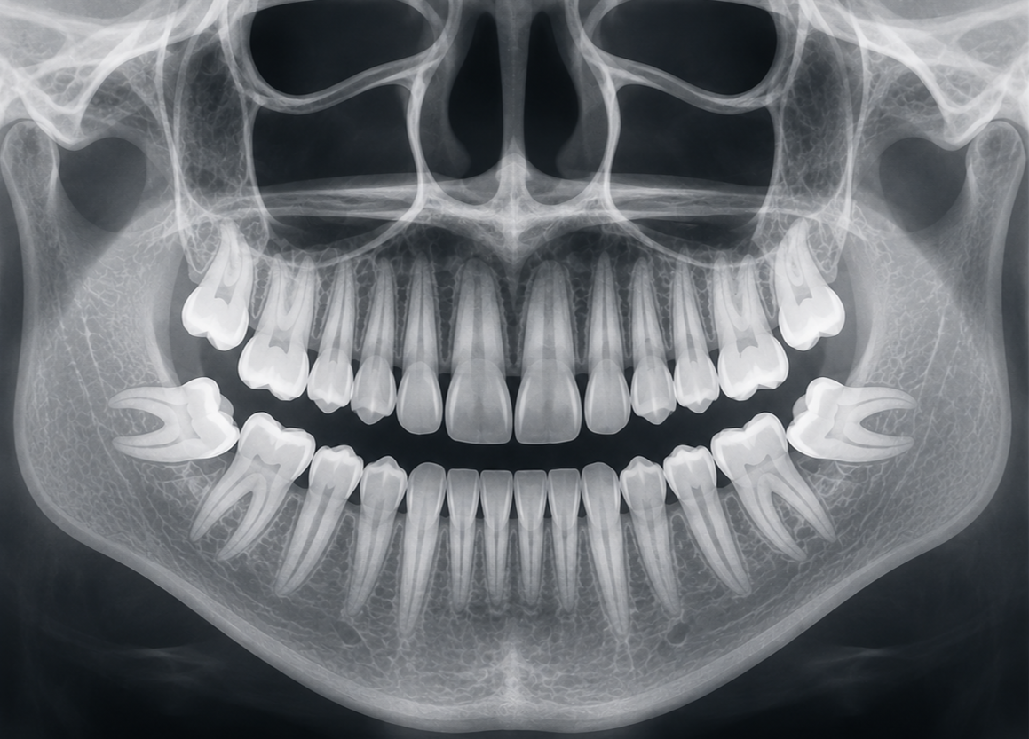 X-ray image of a human skull showing teeth, including wisdom teeth, with visible jawbone