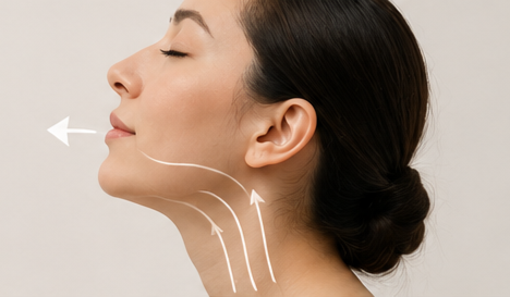 A woman with her eyes closed, showing a profile view, with white arrows indicating facial massage or lymphatic drainage technique on her face and neck.