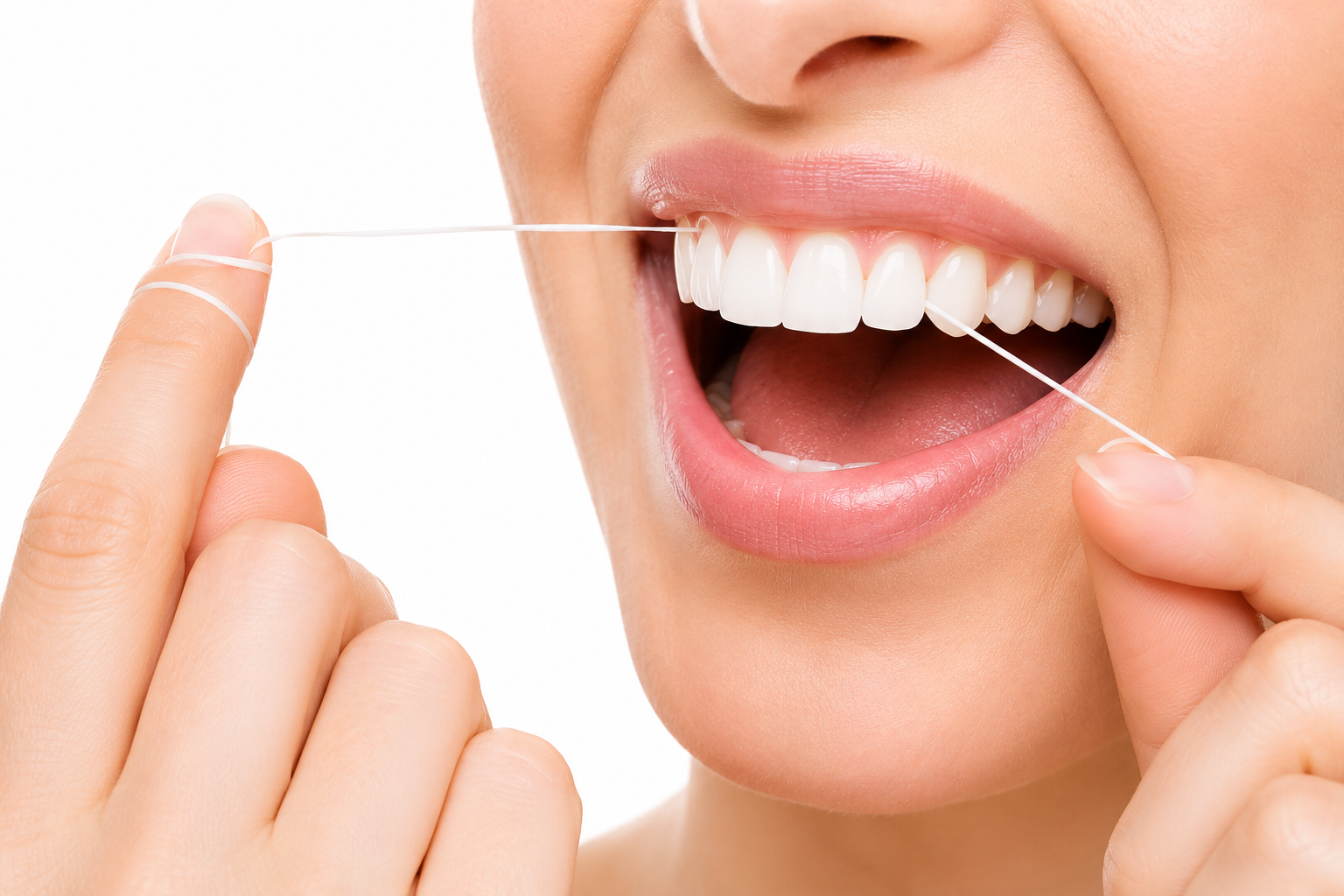 A woman flossing her teeth with dental floss.