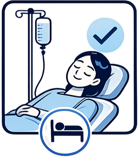 Illustration of a person lying in a hospital bed with an IV drip, a checkmark above indicating successful recovery or treatment, and a bed icon at the bottom.