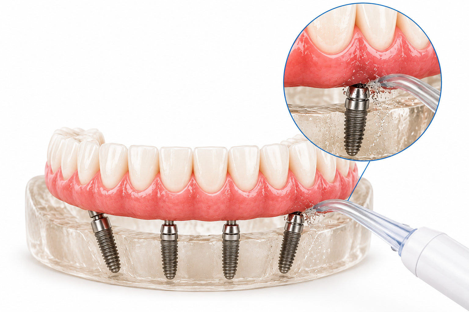 Dental implant model with a close-up inset showing water being rinsed around a dental implant screw.