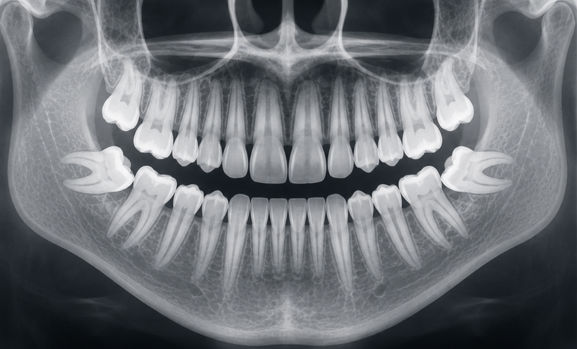 X-ray image of a human skull showing teeth, jaw bones, and nasal cavity.