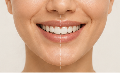 Close-up of a person's smile with a dashed line dividing the teeth.