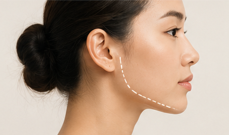 Profile of a woman with her hair in a bun, showing a dotted line indicating a possible cosmetic or surgical procedure area along her jawline.