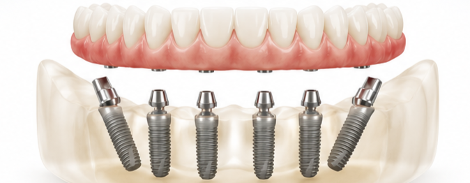 Dental implant dentures with six implants and a full upper arch of teeth with graftless solution