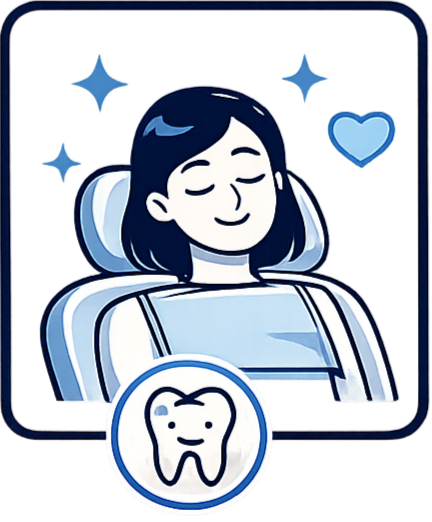 Cartoon of a woman with dark hair relaxing in a dental chair, smiling with a tooth icon below, surrounded by stars and a blue heart