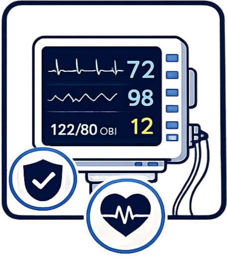 Medical monitor displaying heart rate, oxygen level, blood pressure, and respiratory rate with health icons.