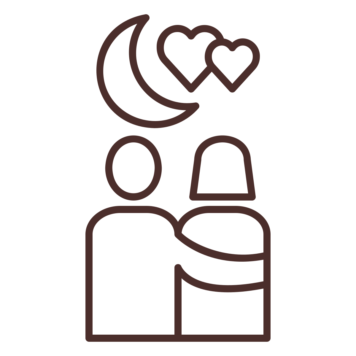 Outline illustration of a person and a woman with a moon and two hearts above them.