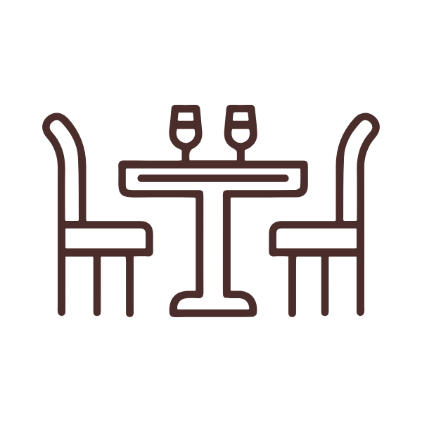 Line drawing of a table with two chairs and two wine glasses on the table.