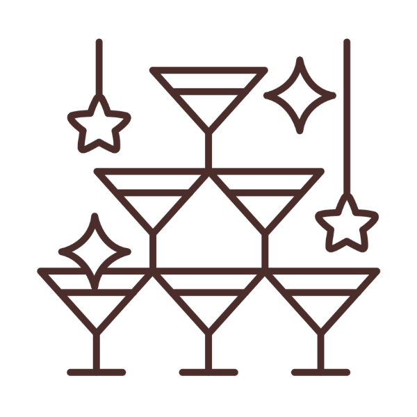 A digital illustration of a champagne tower with three tiers of stacked glasses, decorated with hanging stars and sparkling shapes, in a minimalistic outline style.