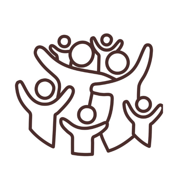 Line drawing of five people with arms raised, forming a circle, representing teamwork or community.