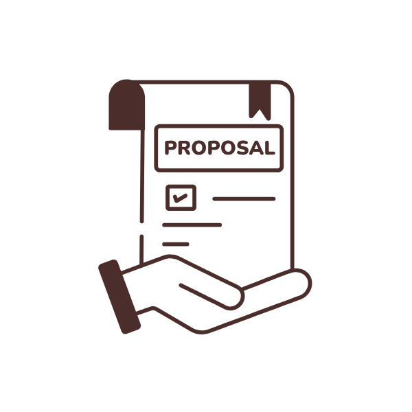 Illustration of a hand holding a document with the word 'Proposal' on it, featuring a checkmark and lines of text.